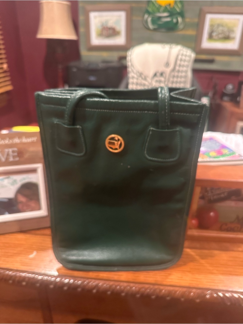 Vintage Green Leather Tote Bag with Gold Logo